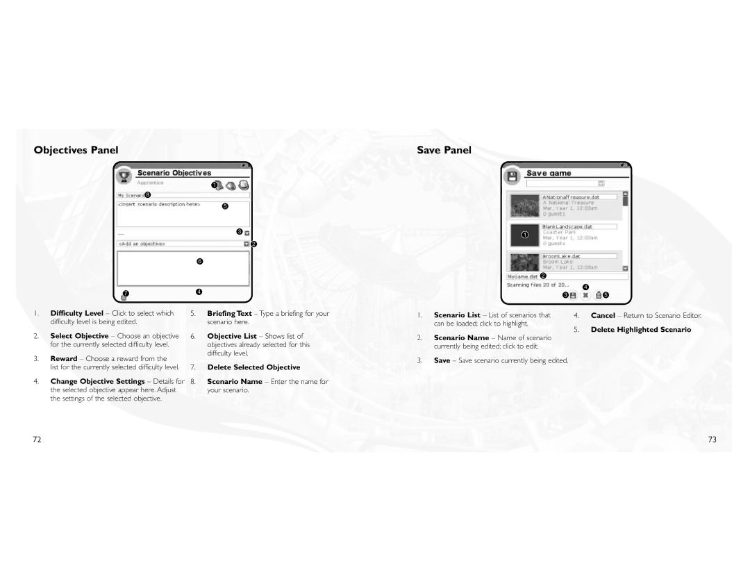 Atari 3 manual Objectives Panel Save Panel, Objective List Shows list, Delete Highlighted Scenario 