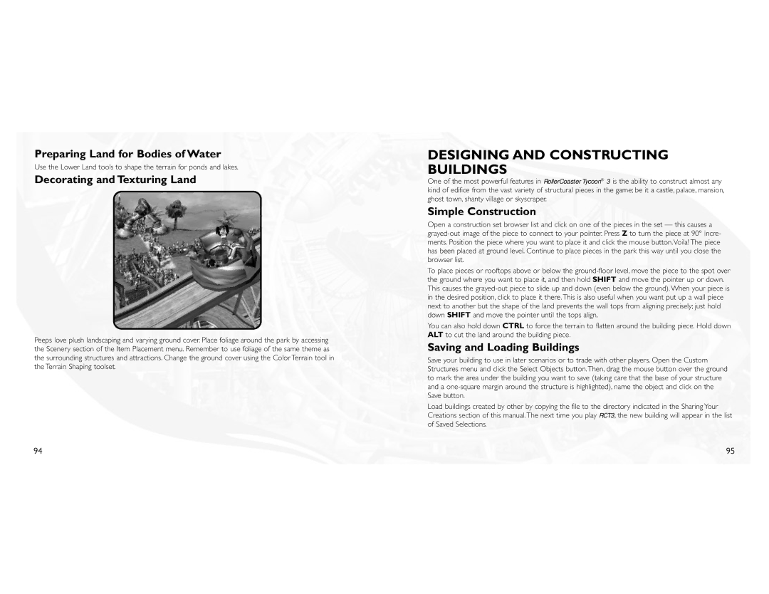 Atari 3 manual Designing and Constructing Buildings, Preparing Land for Bodies of Water, Decorating and Texturing Land 