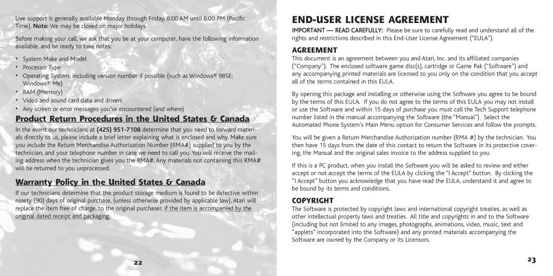 Atari 3 manual Product Return Procedures in the United States & Canada, Warranty Policy in the United States & Canada 