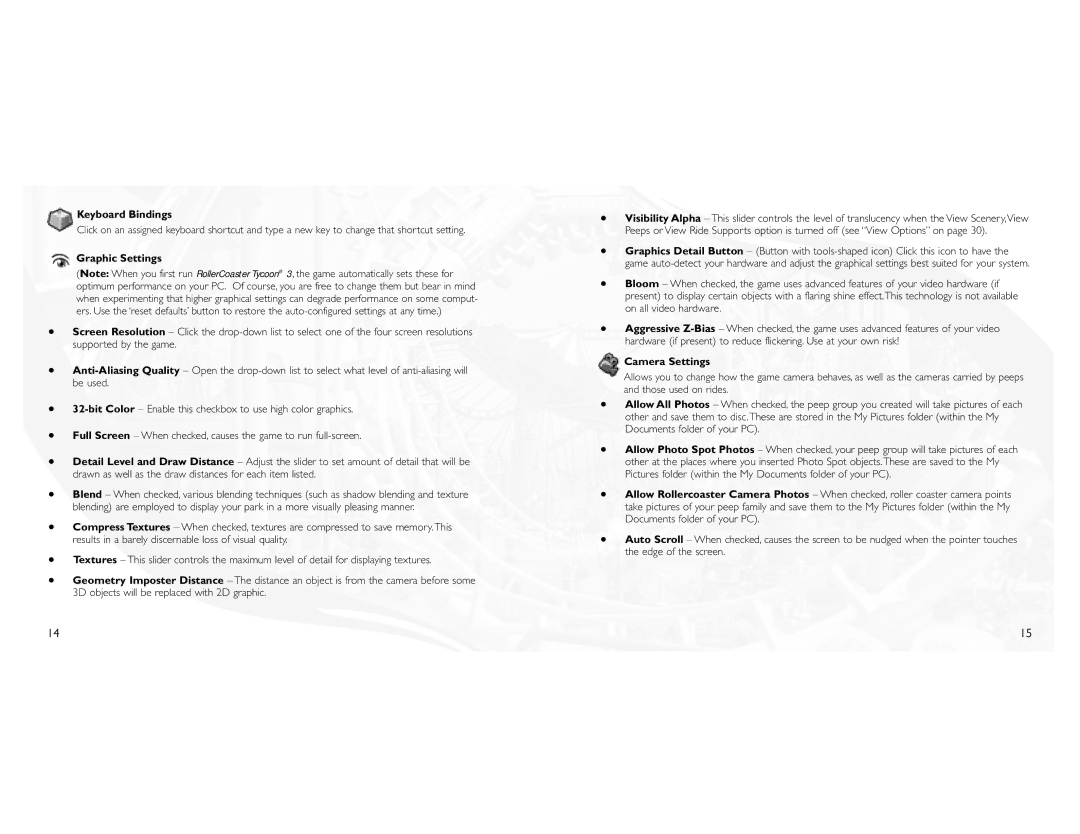 Atari 3 manual Keyboard Bindings, Graphic Settings, Camera Settings 