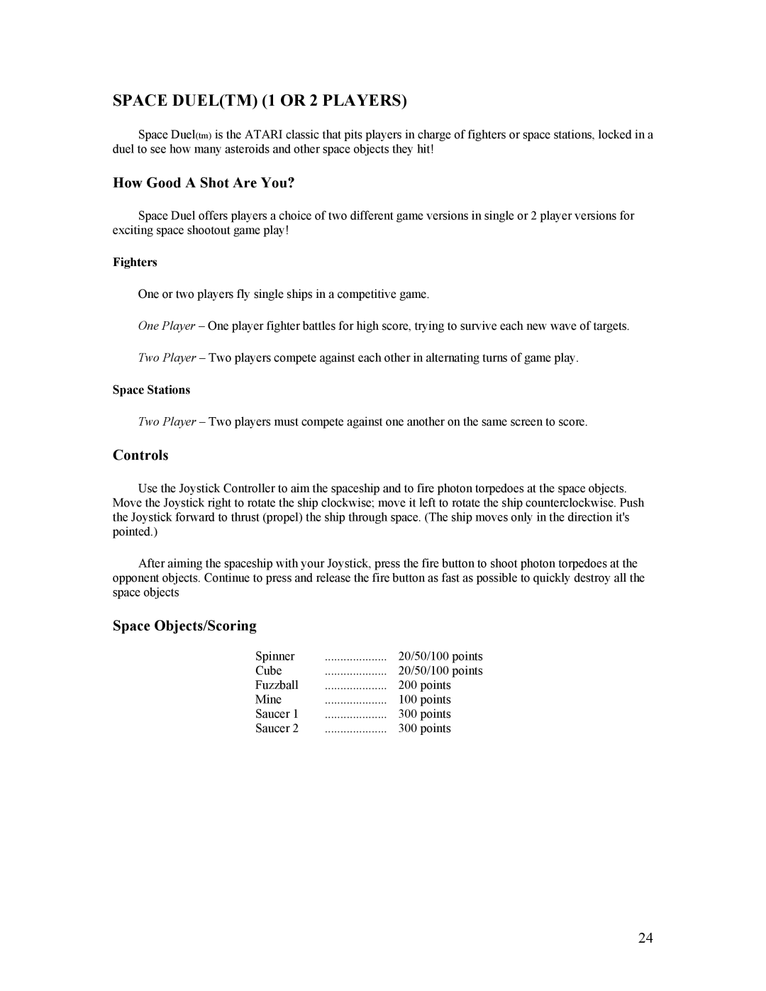 Atari CX-2600 manual Space Dueltm 1 or 2 Players, How Good a Shot Are You?, Space Objects/Scoring, Space Stations 