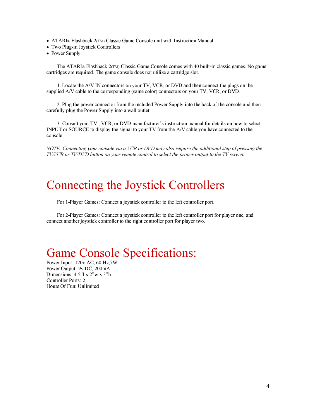 Atari CX-2600 manual Connecting the Joystick Controllers, Game Console Specifications 