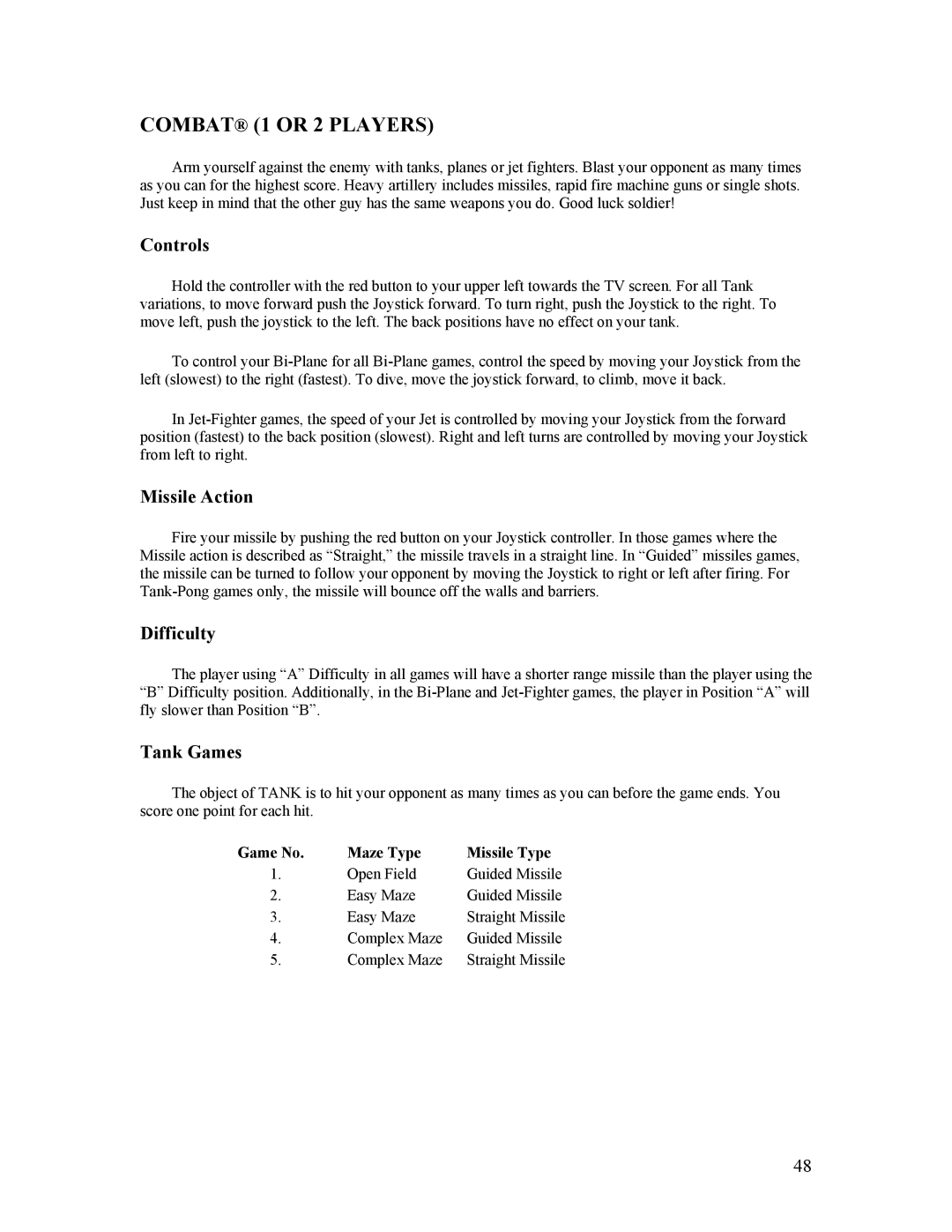 Atari CX-2600 manual Combat 1 or 2 Players, Missile Action, Difficulty, Tank Games, Game No Maze Type Missile Type 