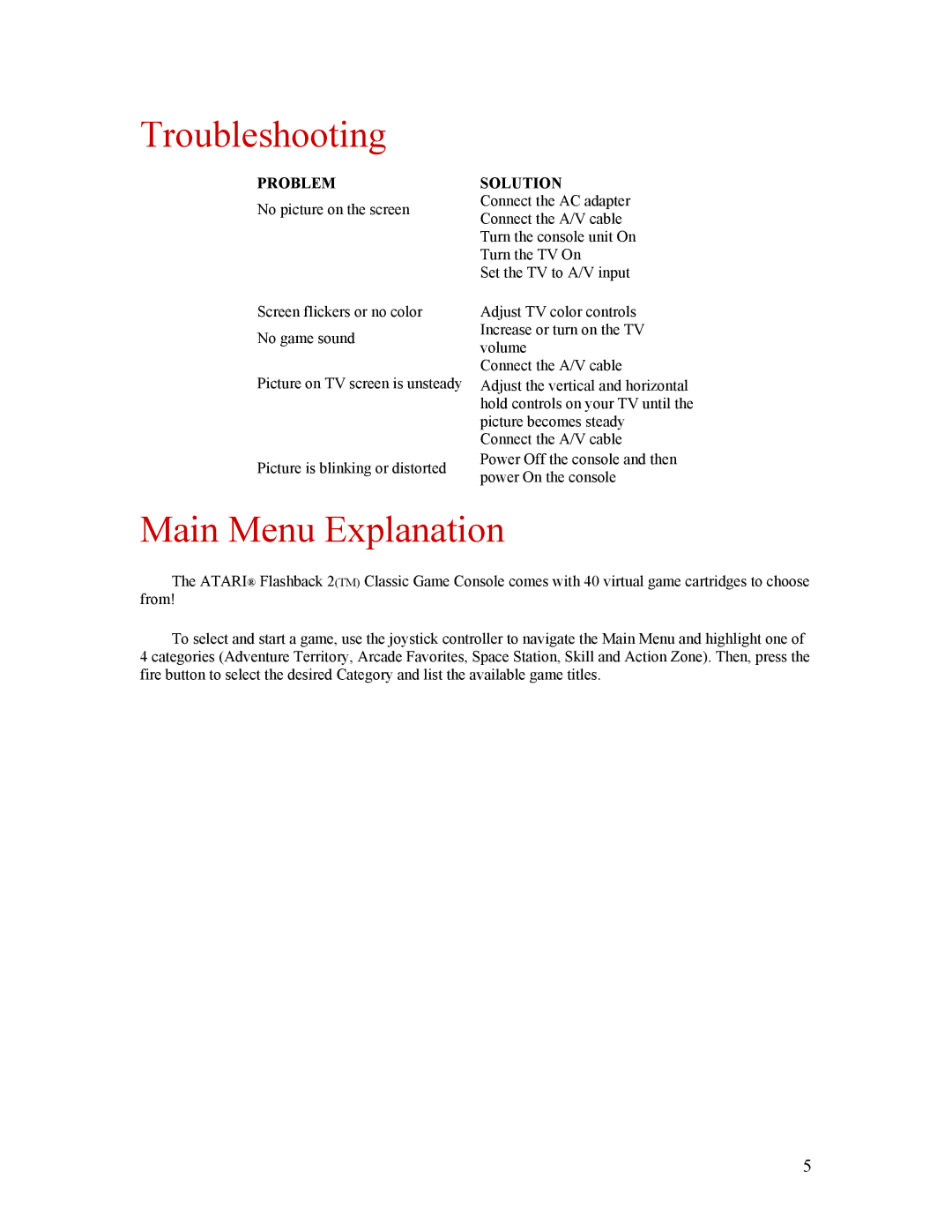 Atari CX-2600 manual Troubleshooting, Main Menu Explanation 