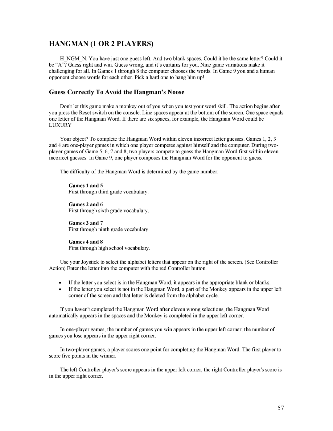 Atari CX-2600 manual Hangman 1 or 2 Players, Guess Correctly To Avoid the Hangman’s Noose 