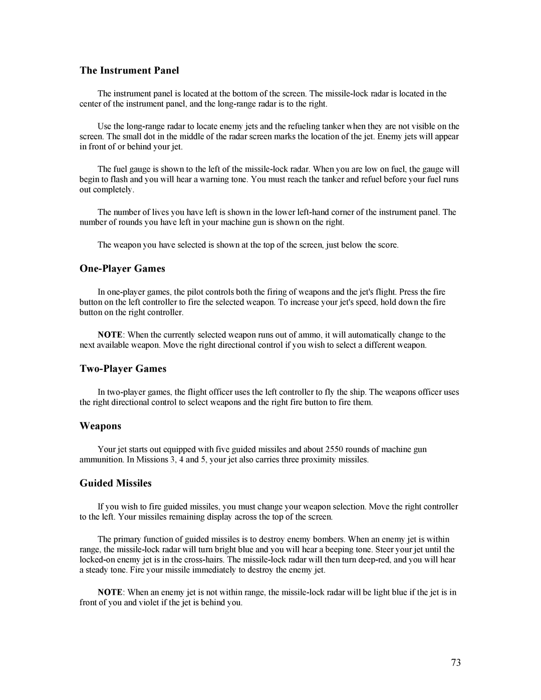 Atari CX-2600 manual Instrument Panel, One-Player Games, Two-Player Games, Weapons, Guided Missiles 