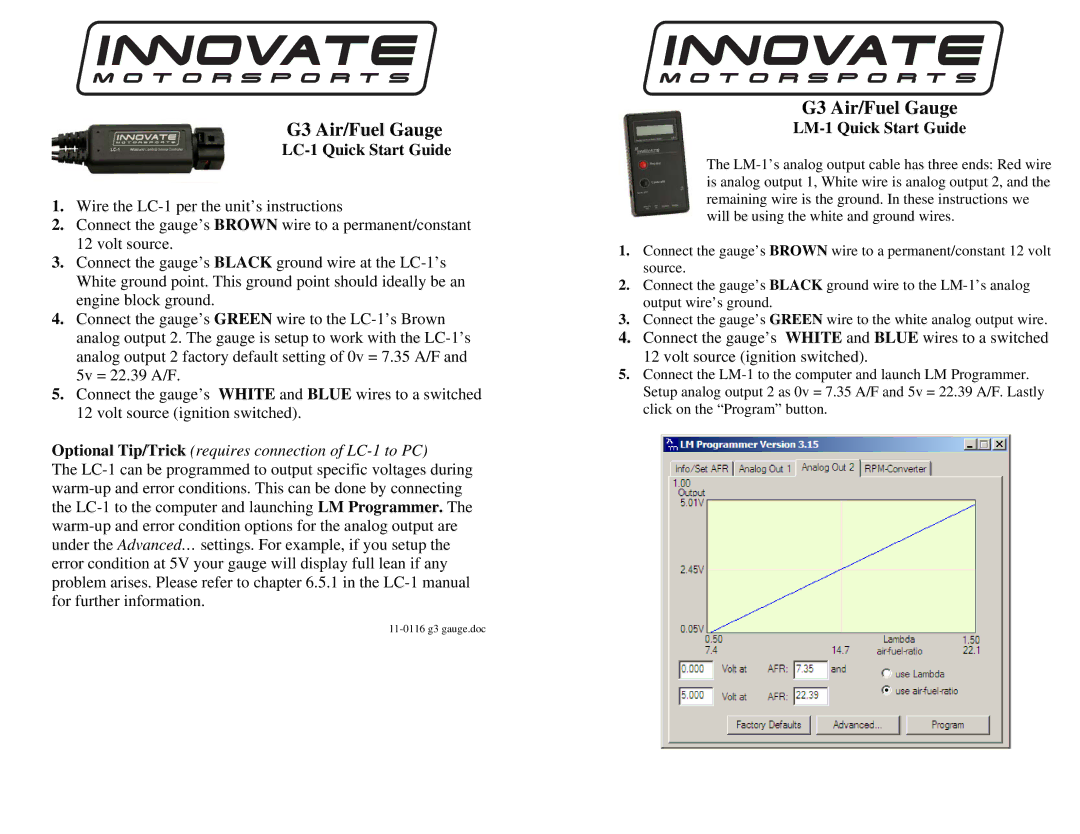 Atari LM-1 manual G3 Air/Fuel Gauge, LC-1 Quick Start Guide, Optional Tip/Trick requires connection of LC-1 to PC 