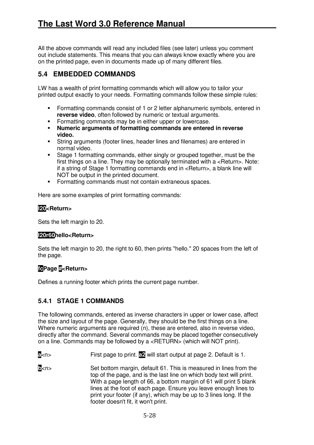 Atari XL manual Embedded Commands, Stage 1 Commands, L20Return, L20r60helloReturn, FcPage Return 