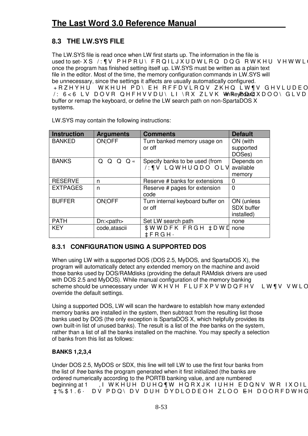 Atari XL manual LW.SYS File, Configuration Using a Supported DOS, Banks 1,2,3,4 