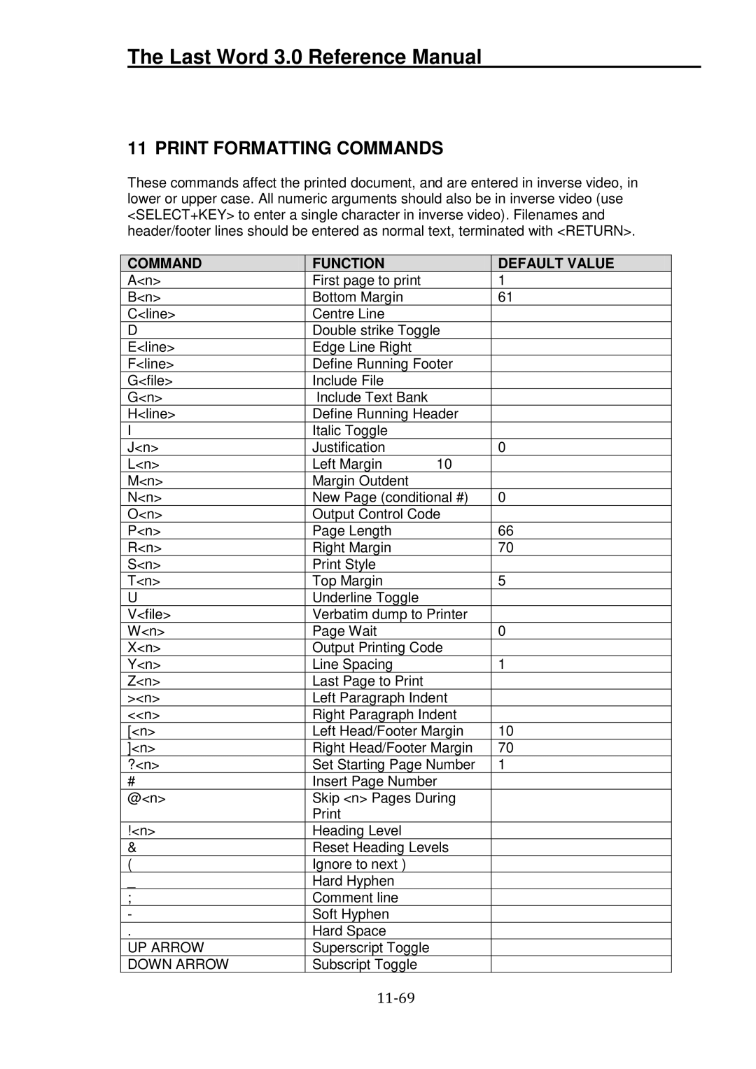 Atari XL manual Print Formatting Commands, Command Function Default Value, UP Arrow, Down Arrow 