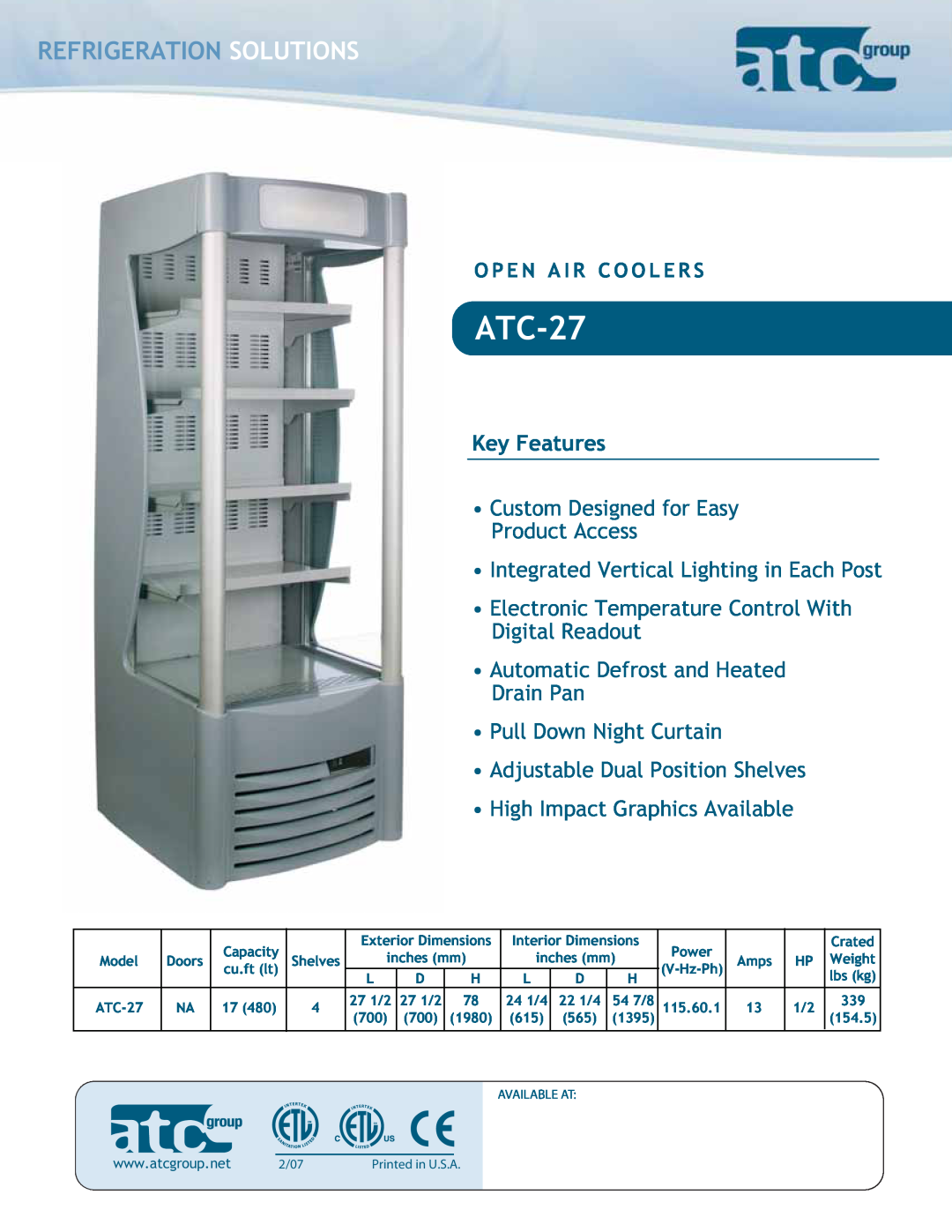 ATC Group ATC27 dimensions Refrigeration Solutions, ATC-27, Key Features 