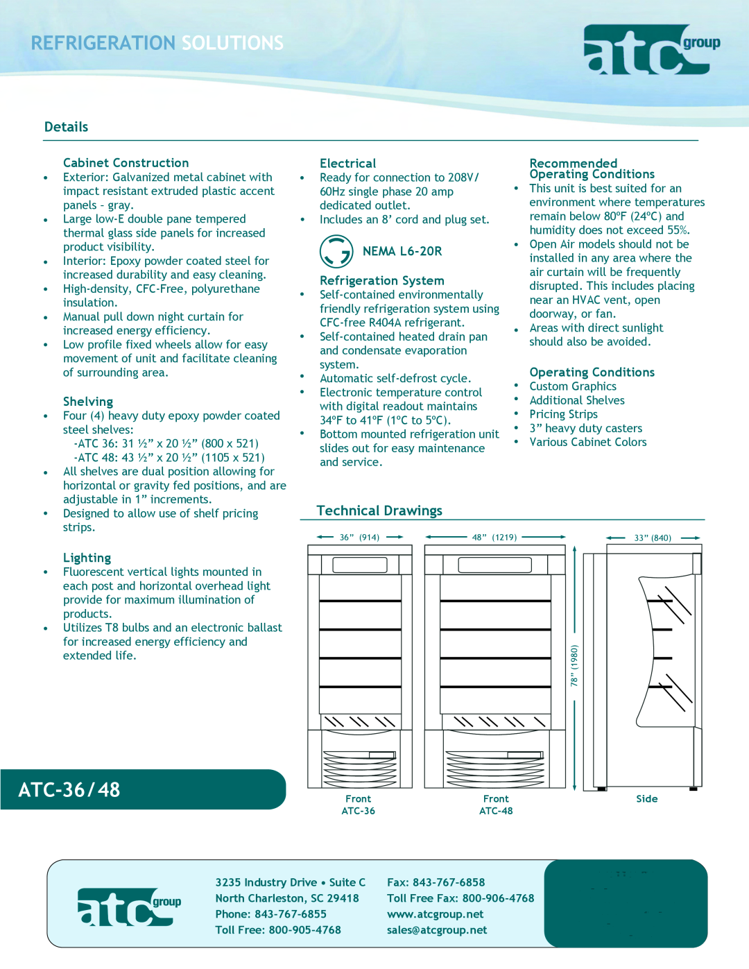 ATC Group ATC48 ATC-36/48, Refrigeration Solutions, Details, Technical Drawings, Cabinet Construction, Shelving, Lighting 
