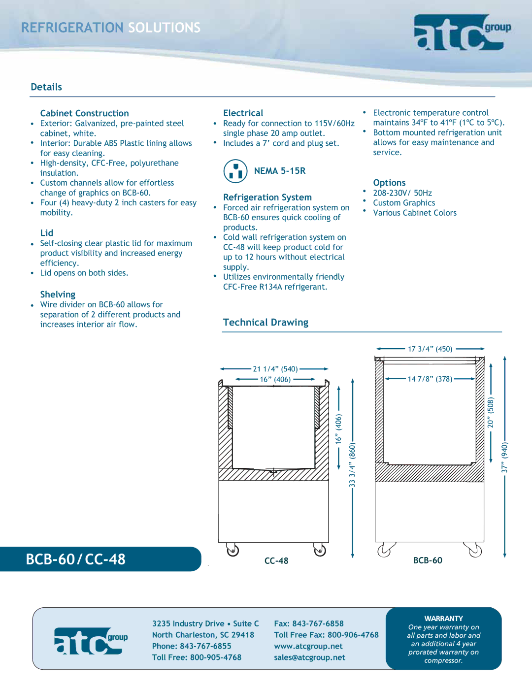 ATC Group BCB-60 dimensions Cabinet Construction, Lid, Shelving Electrical, Nema 5-15R Refrigeration System, Options 