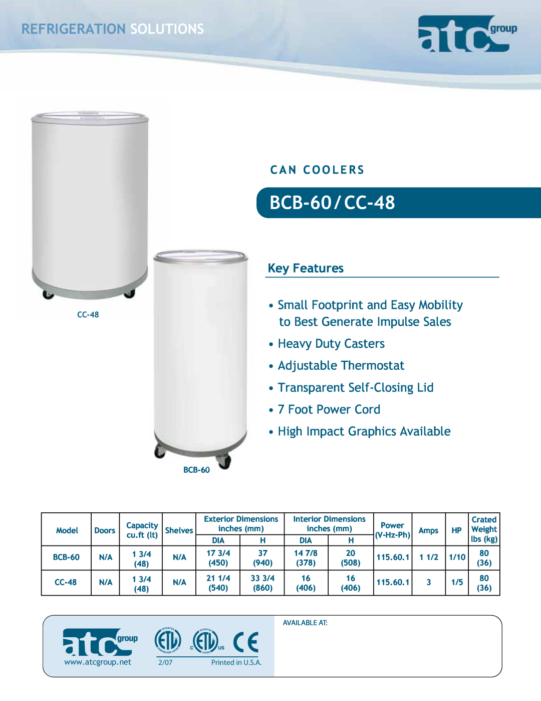 ATC Group dimensions Refrigeration Solutions, BCB-60 / CC-48, Key Features, Heavy Duty Casters Adjustable Thermostat 