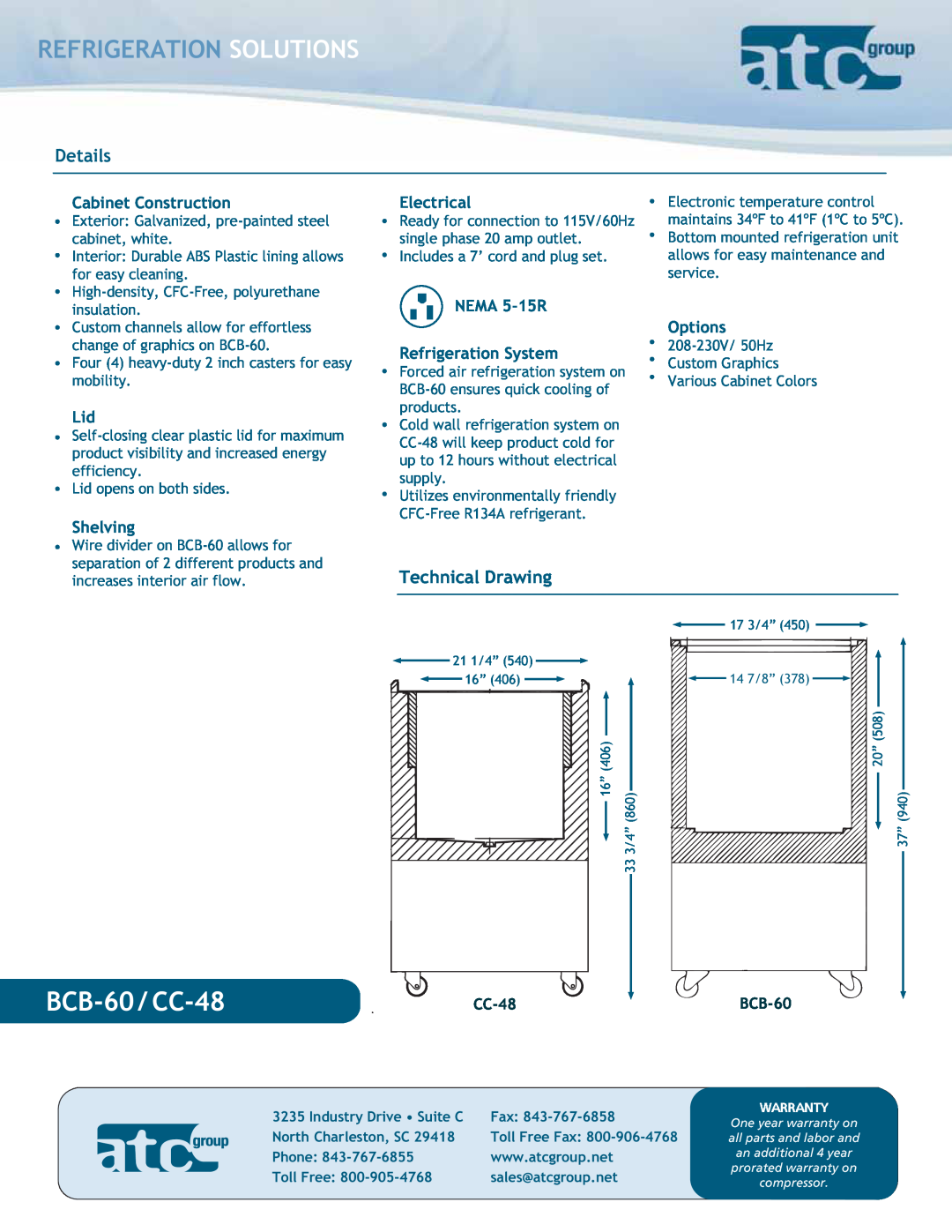ATC Group BCB-60 / CC-48, Refrigeration Solutions, Details, Technical Drawing, Cabinet Construction, Shelving, Options 