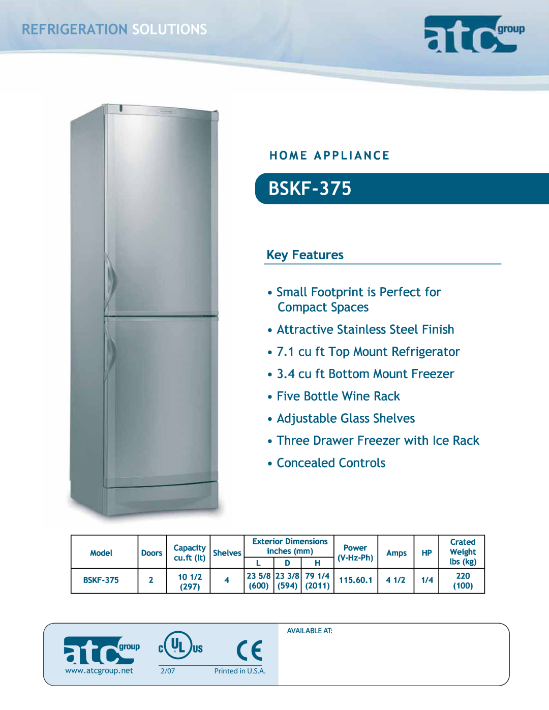 ATC Group BSKF-375 dimensions Refrigeration Solutions, Key Features 