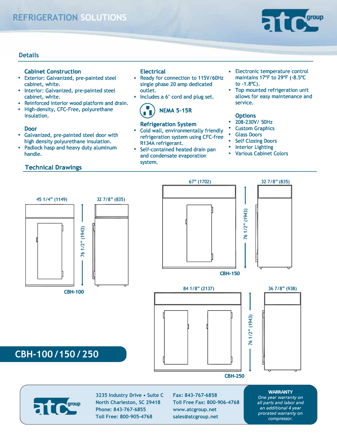 ATC Group CBH-100 /150 /250, Refrigeration Solutions, Details, Technical Drawings, Cabinet Construction, Door, Options 