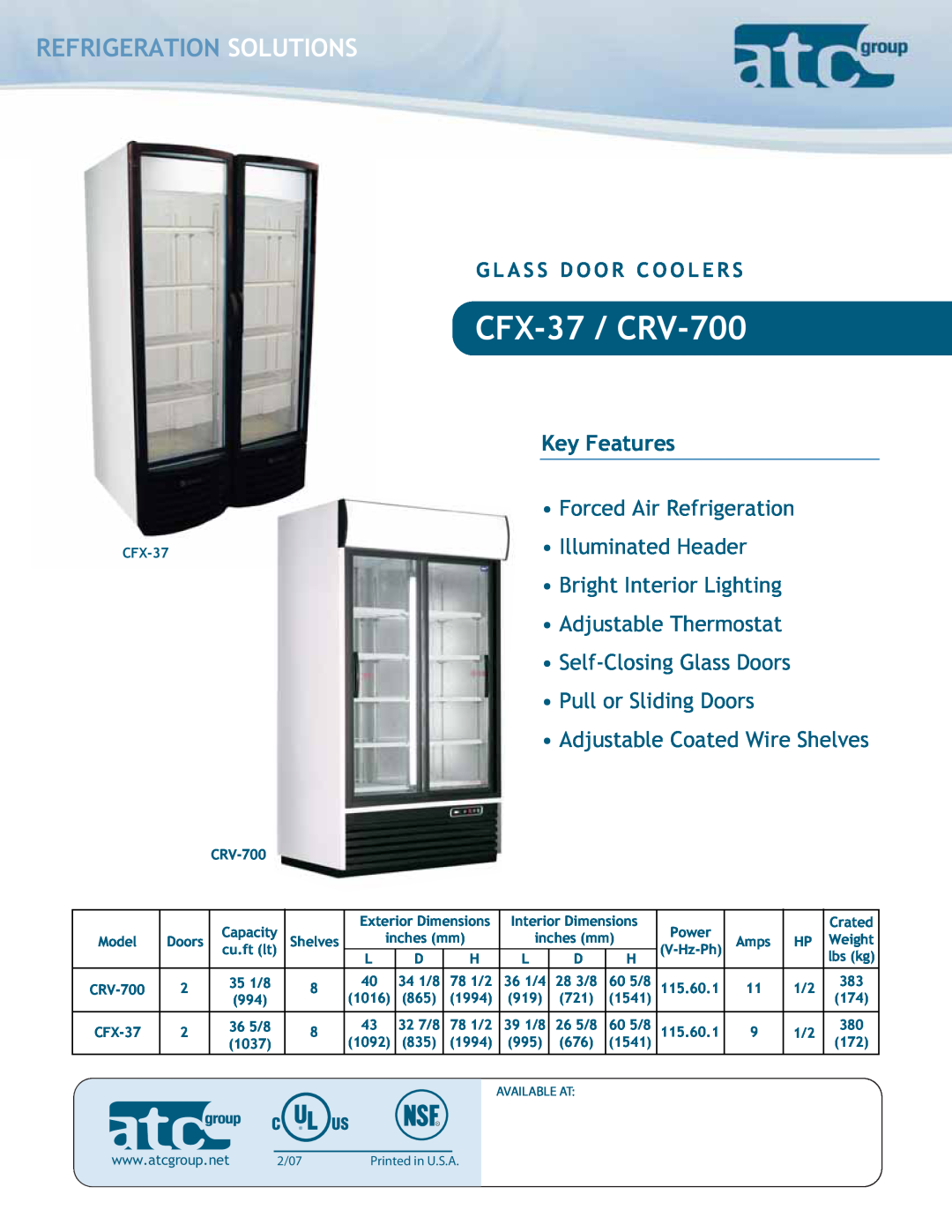 ATC Group CFX 37 dimensions Refrigeration Solutions, CFX-37 / CRV-700, Key Features, Adjustable Coated Wire Shelves 