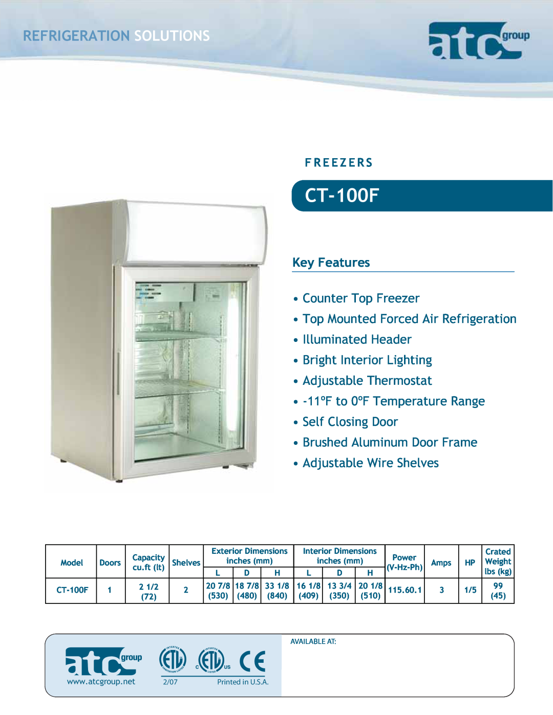ATC Group CT-100F dimensions Refrigeration Solutions, Key Features 
