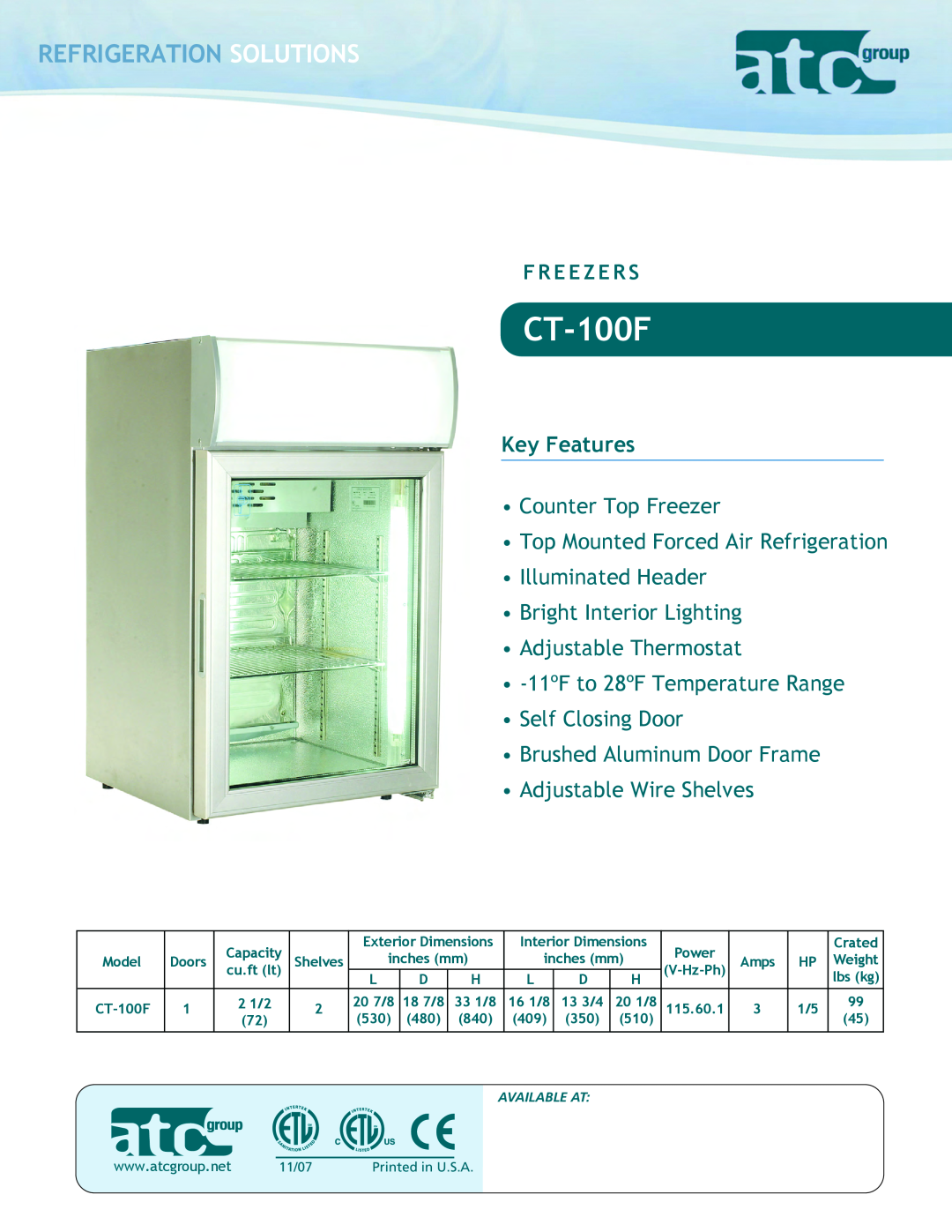 ATC Group CT100 dimensions Refrigeration Solutions, CT-100F, Key Features 