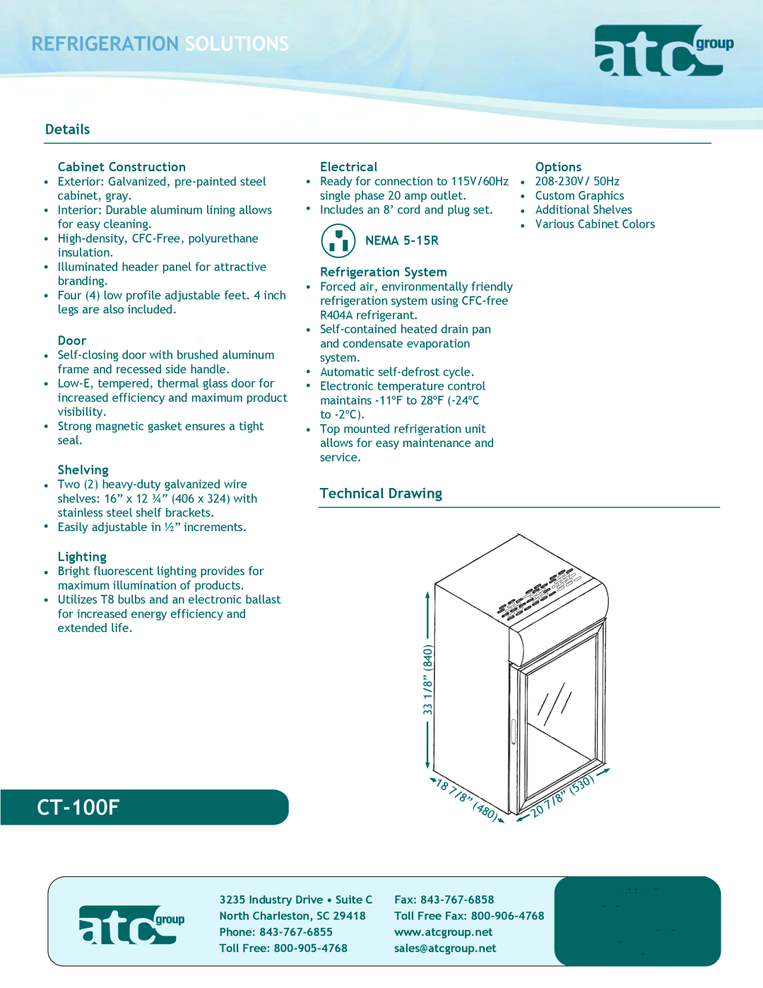 ATC Group CT100 CT-100F, Refrigeration Solutions, Details, Technical Drawing, Cabinet Construction, Door, Shelving 