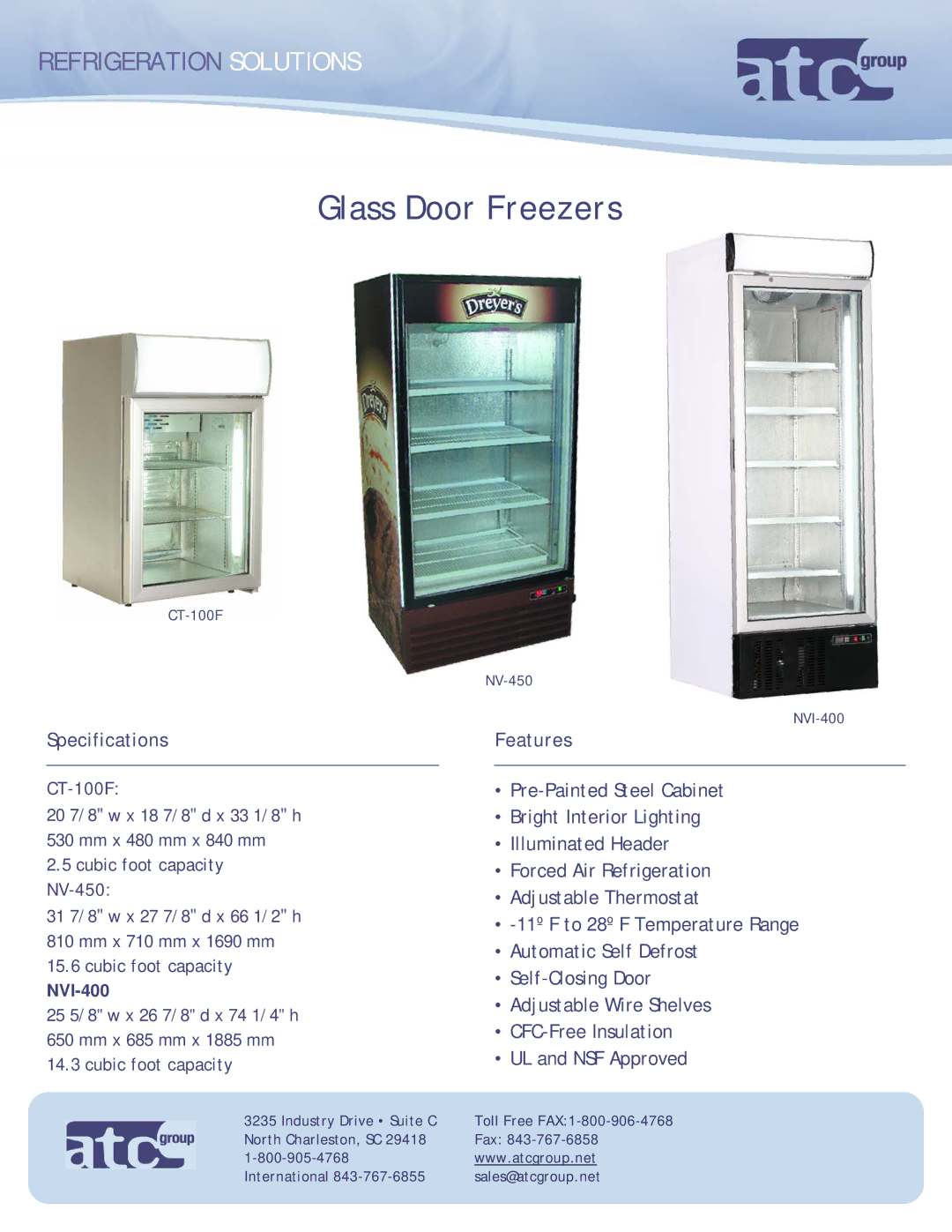 ATC Group NVI-400 specifications Glass Door Freezers, Specifications, Features, CT-100F, NV-450 