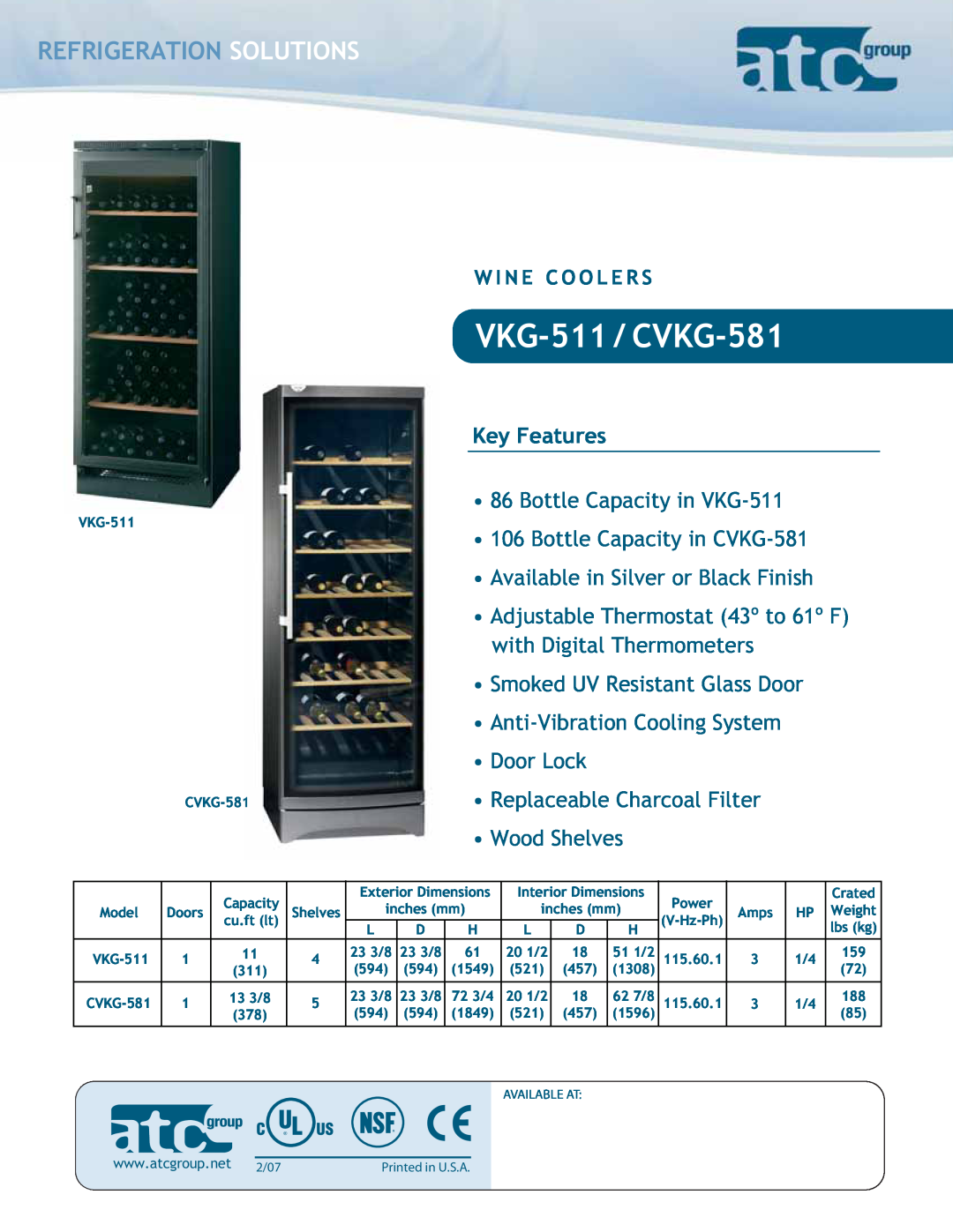 ATC Group dimensions Refrigeration Solutions, VKG-511 / CVKG-581, Key Features 
