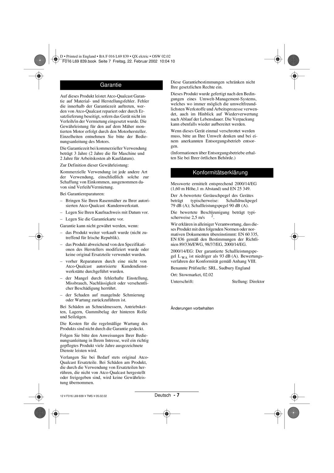 Atco QX operating instructions Garantie, Konformitätserklärung 