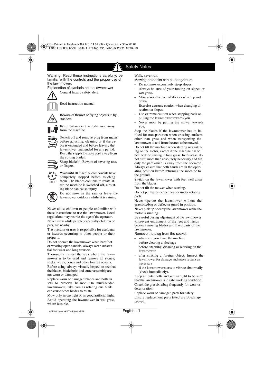 Atco QX operating instructions Safety Notes 