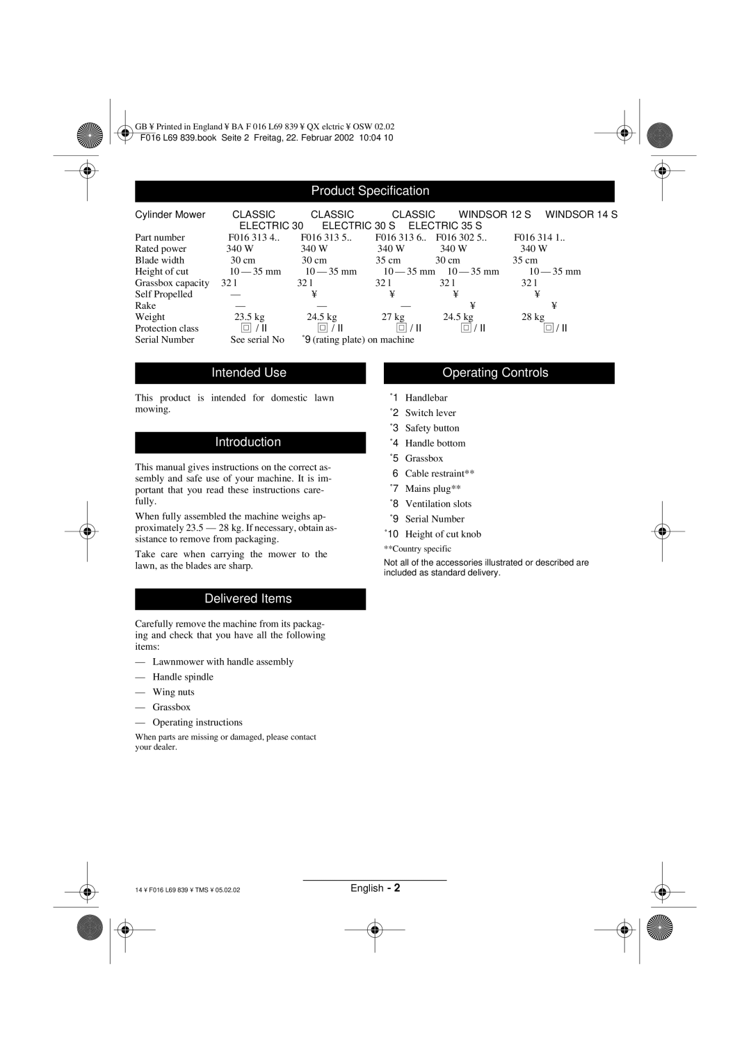 Atco QX operating instructions Product Specification, Intended Use Operating Controls, Introduction, Delivered Items 