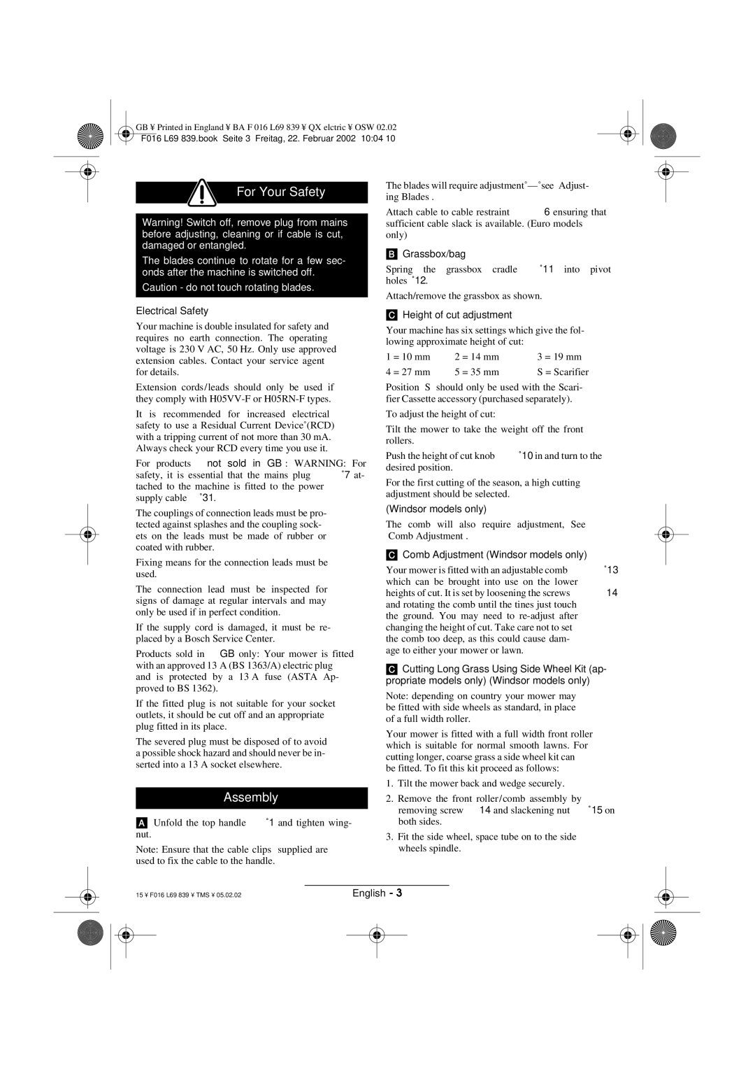 Atco QX operating instructions For Your Safety, Assembly 