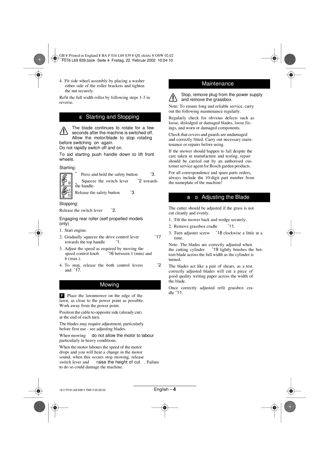 Atco QX operating instructions Starting and Stopping, Mowing, Maintenance, Adjusting the Blade 