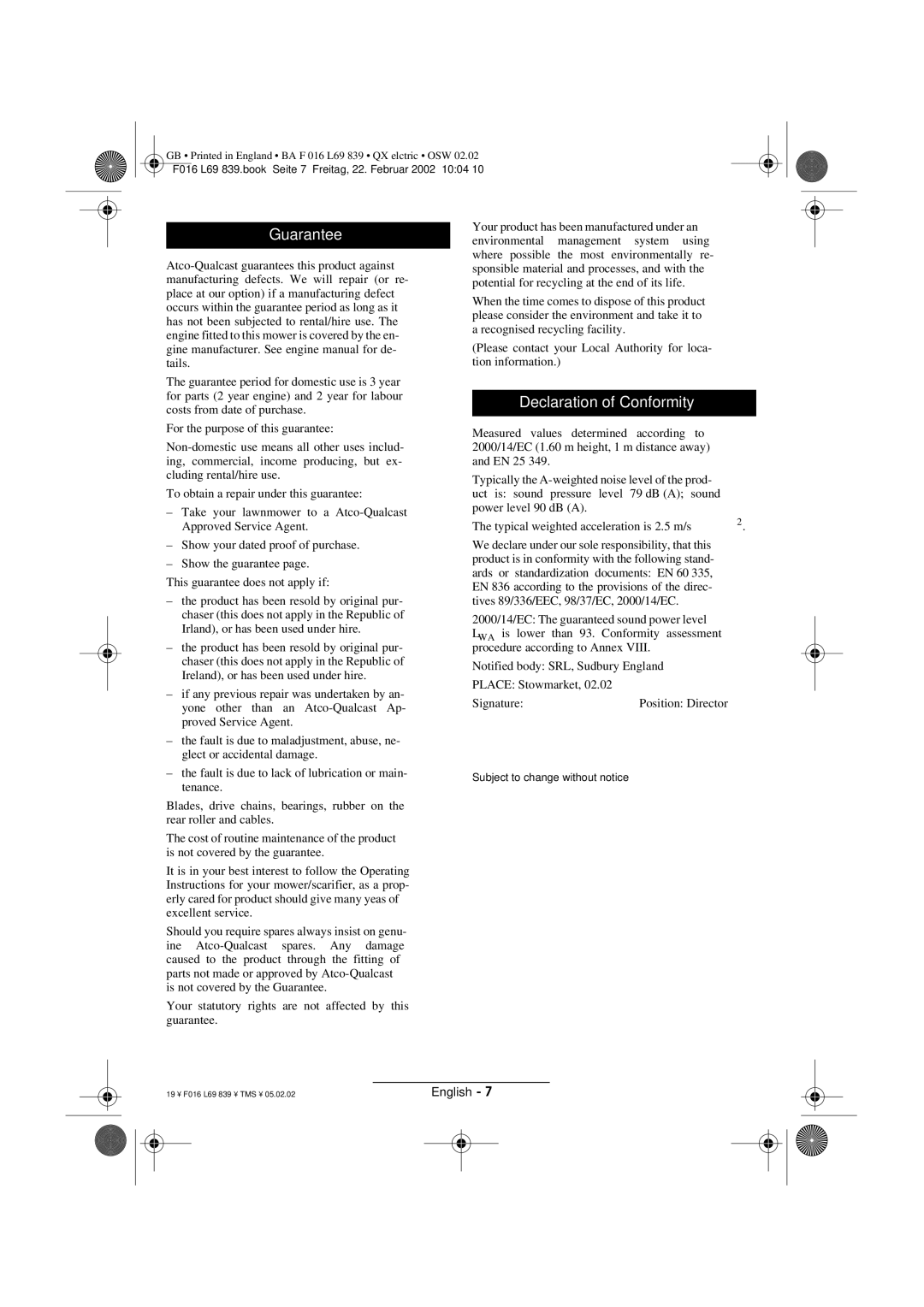 Atco QX operating instructions Guarantee, Declaration of Conformity 