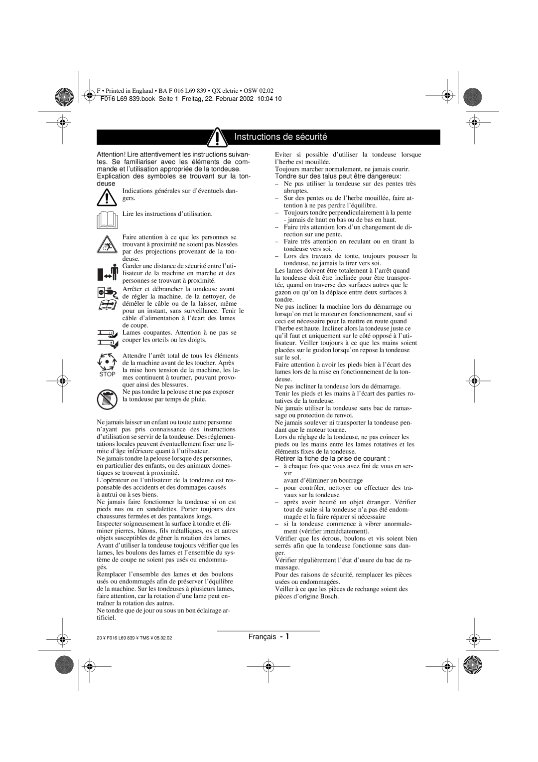 Atco QX operating instructions Instructions de sécurité 