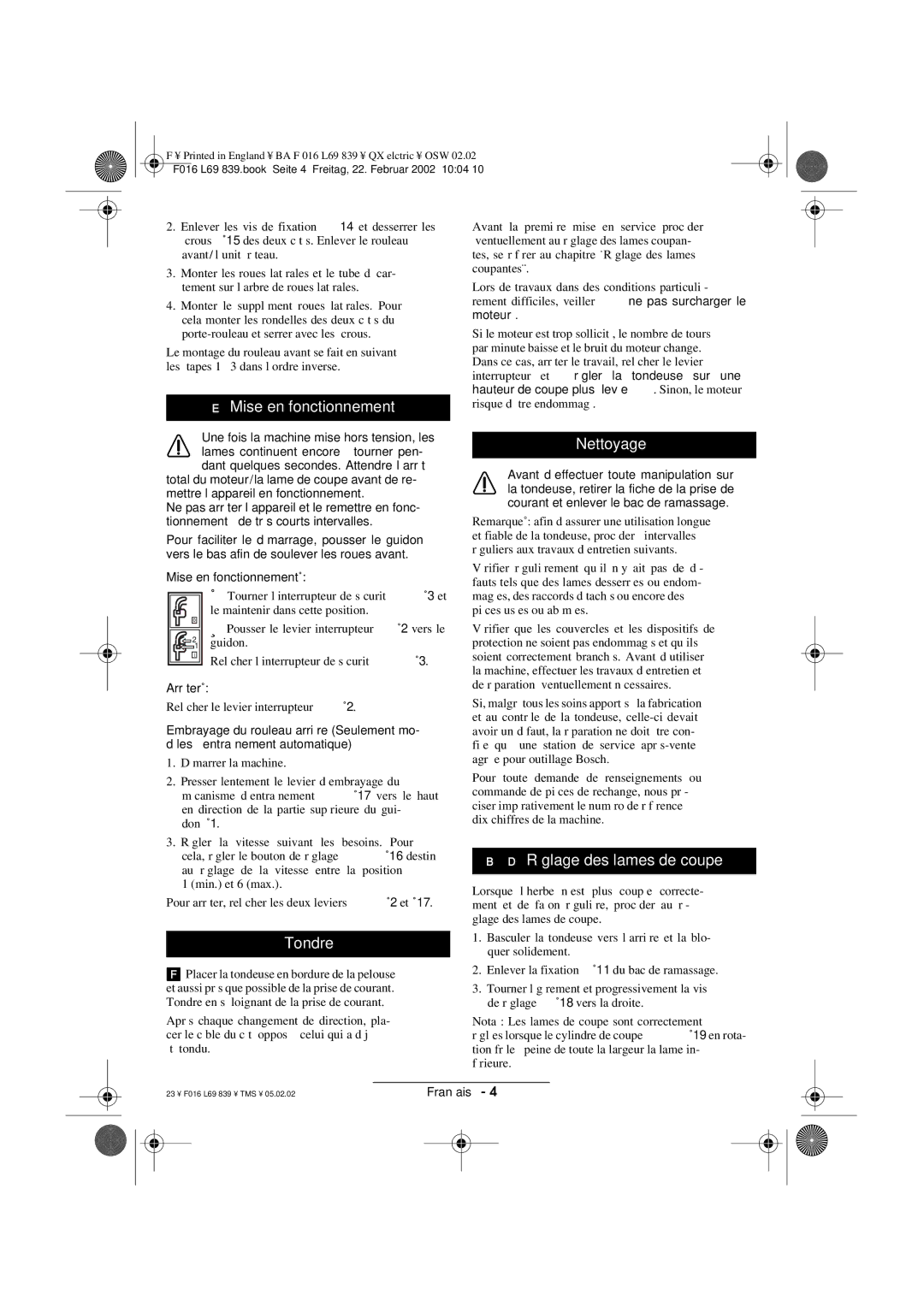 Atco QX operating instructions Mise en fonctionnement, Tondre, Nettoyage, Réglage des lames de coupe 