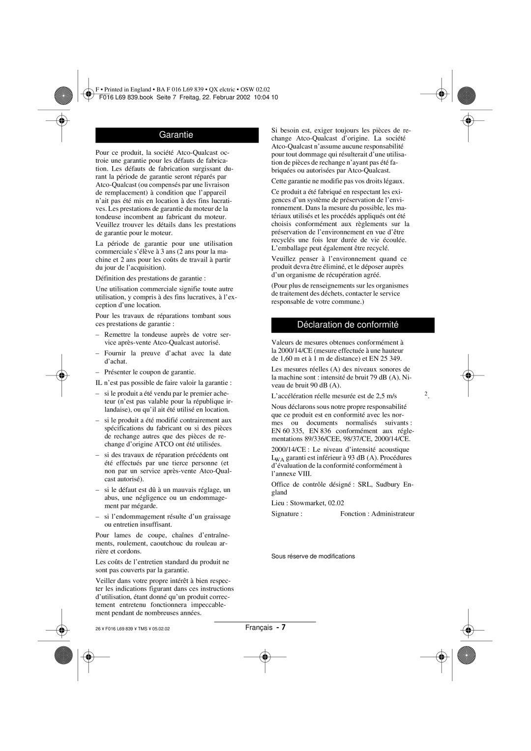 Atco QX operating instructions Garantie, Déclaration de conformité 