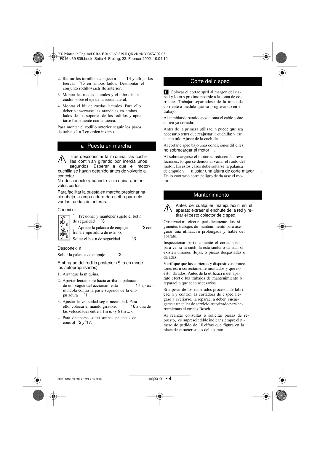 Atco QX operating instructions Puesta en marcha, Corte del césped, Mantenimiento 