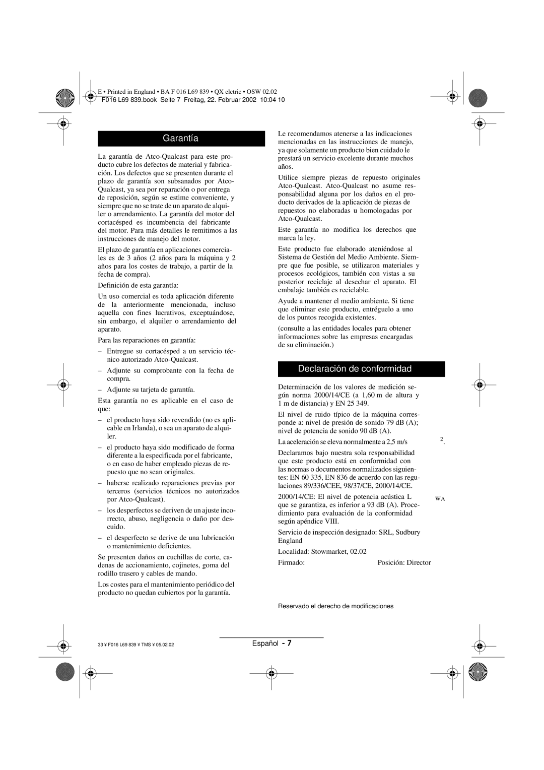 Atco QX operating instructions Garantía, Declaración de conformidad 