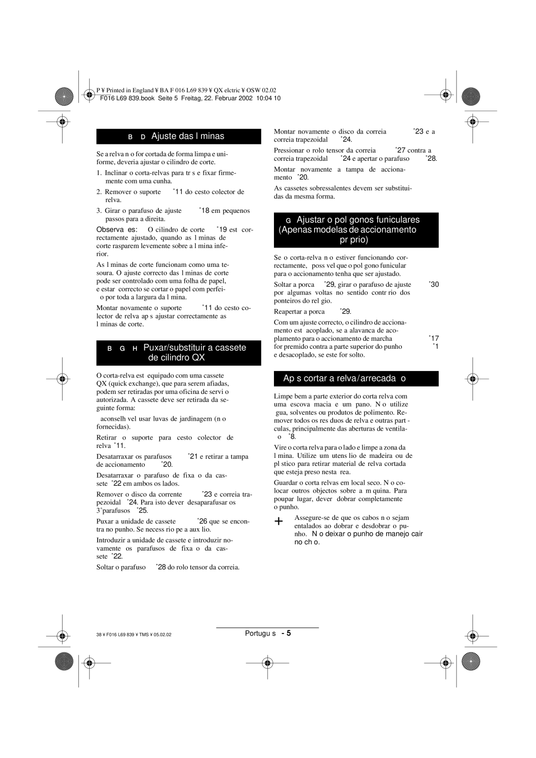 Atco Ajuste das lâminas, H Puxar/substituir a cassete de cilindro QX, Após cortar a relva/arrecadação 