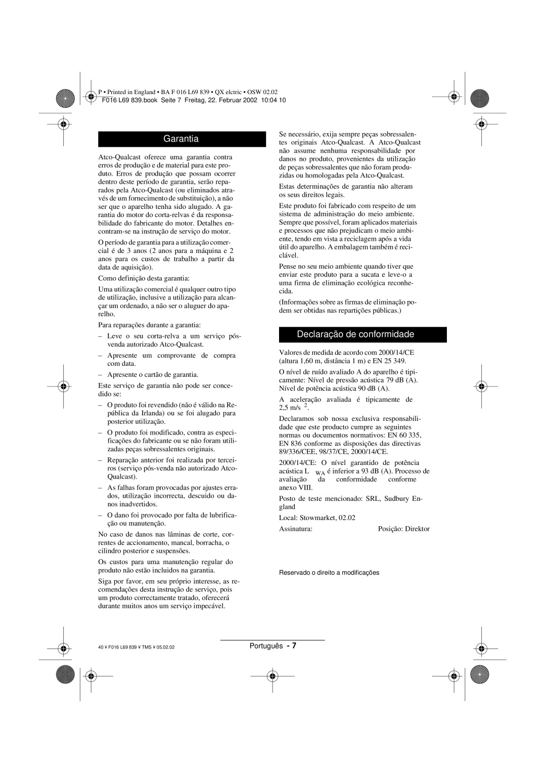 Atco QX operating instructions Garantia, Declaração de conformidade 