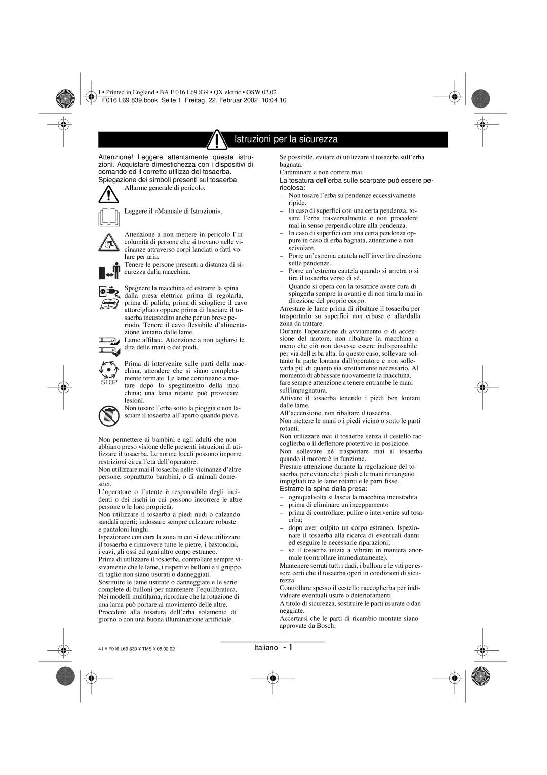 Atco QX operating instructions Istruzioni per la sicurezza 