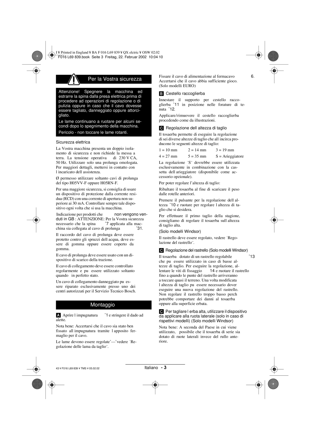 Atco QX operating instructions Per la Vostra sicurezza, Montaggio 