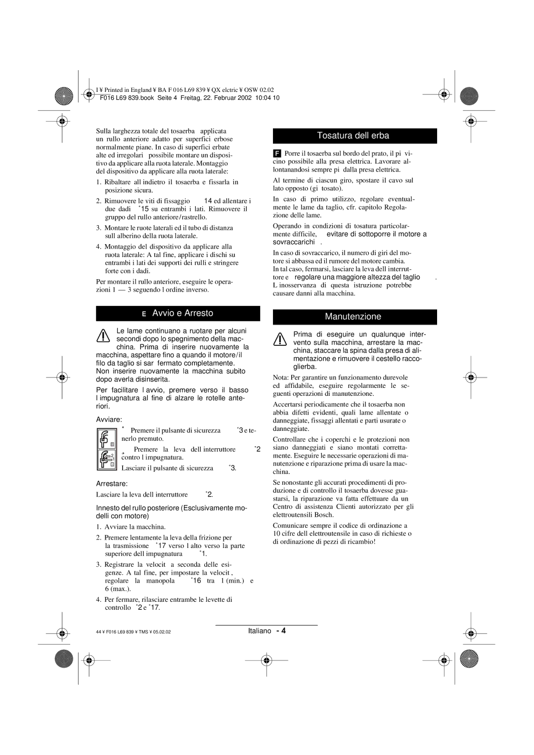 Atco QX operating instructions Tosatura dell’erba, Avvio e Arresto, Manutenzione 