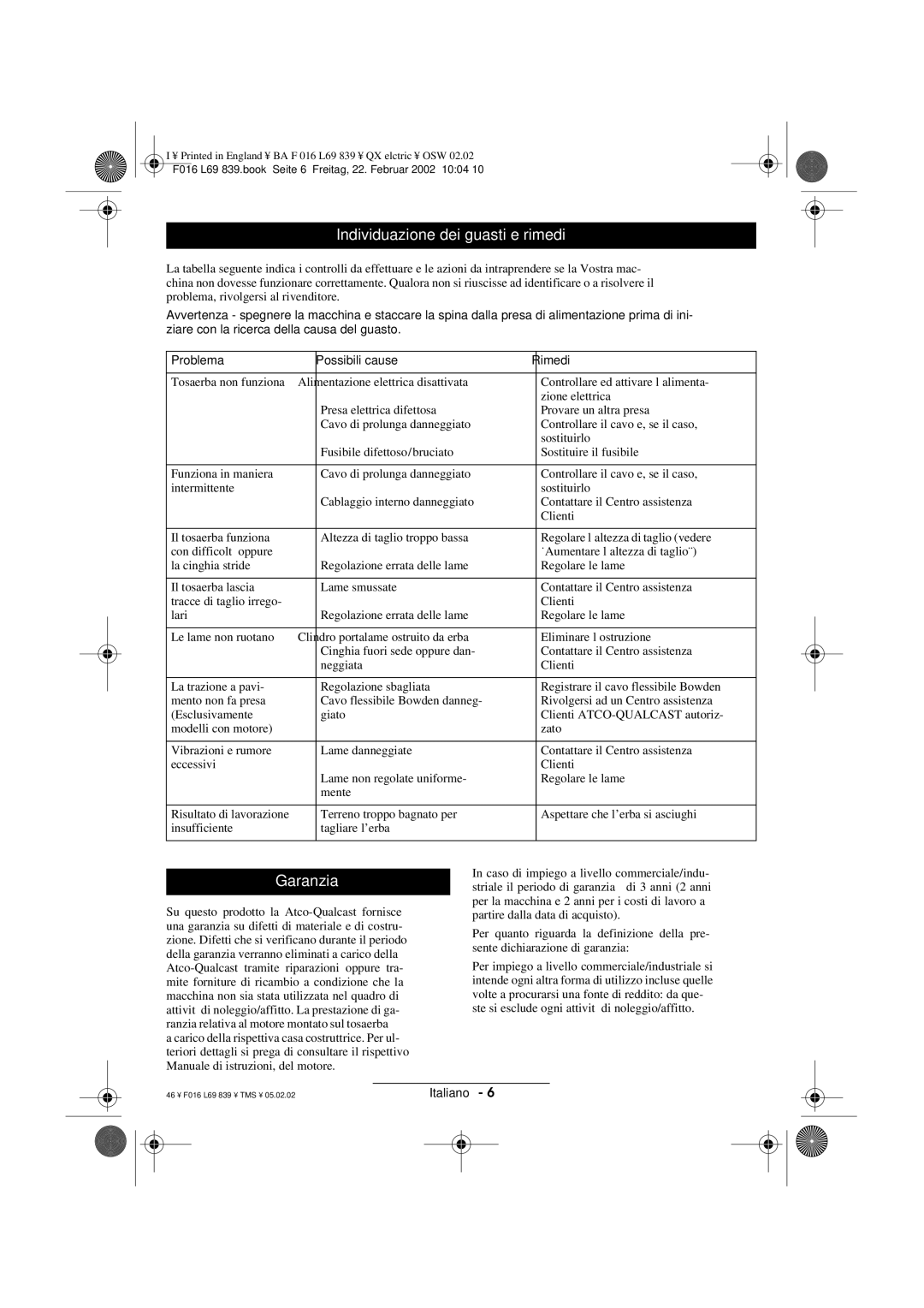 Atco QX operating instructions Individuazione dei guasti e rimedi, Garanzia 