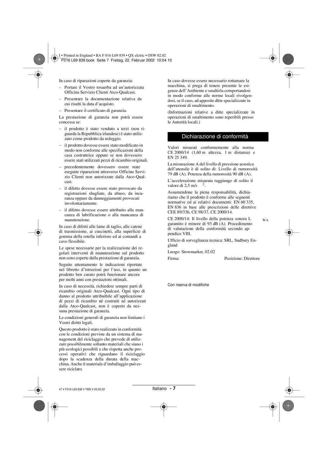 Atco QX operating instructions Dichiarazione di conformità 