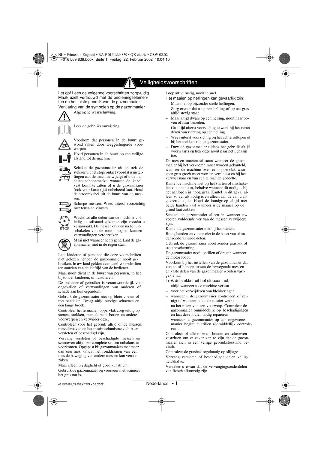 Atco QX operating instructions Veiligheidsvoorschriften 