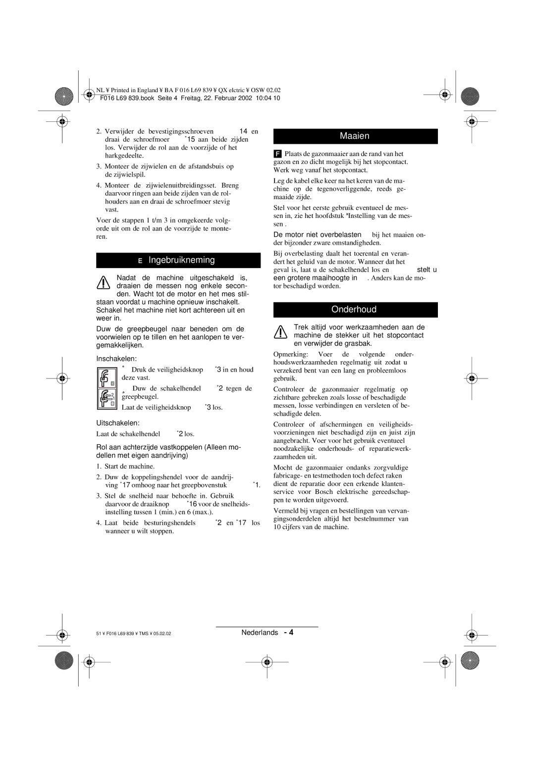 Atco QX operating instructions Ingebruikneming, Maaien, Onderhoud 