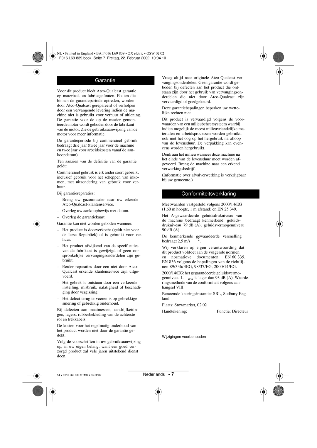 Atco QX operating instructions Garantie, Conformiteitsverklaring 