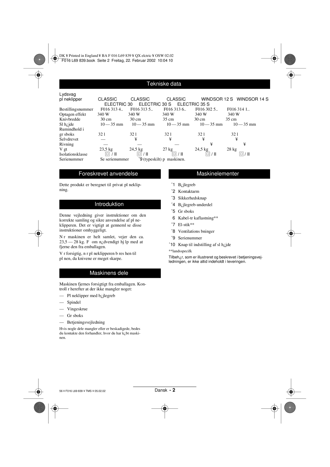 Atco QX operating instructions Tekniske data, Foreskrevet anvendelse, Introduktion, Maskinelementer, Maskinens dele 