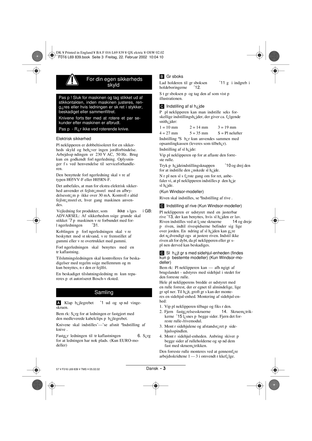 Atco QX operating instructions For din egen sikkerheds skyld, Samling 